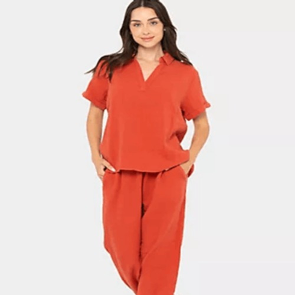 Peace Love World Womens XXS Boheme Gauze Popover Shirt Orange Spice Cotton Top - Picture 2 of 4